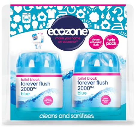 EcoZone Forever Flush 2000 Blue Toilet Blocks, Eco Friendly Alternative to Loo Rim Hangers, Cistern Capsules Clean & Descale WCs, Natural Vegan & Non Toxic Cleaner, Recyclable Plastic (Set of 2)