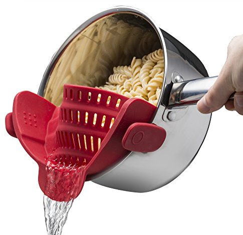 Snap N Strain Strainer, Clip On Silicone Colander, Fits all Pots and Bowls (Red)