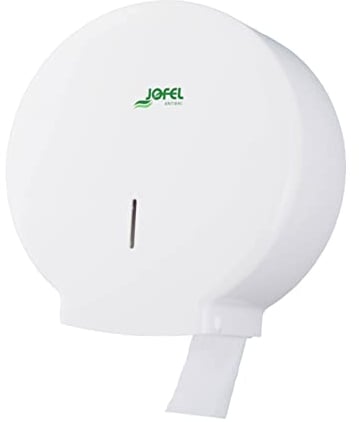 Jofel - Distributore di carta igienica industriale medio, Distributore di carta igienica fino a 300 m, diametro massimo 220 mm, asse 45 mm, ideale per bagni pubblici, antibatterico, Azur AE51700