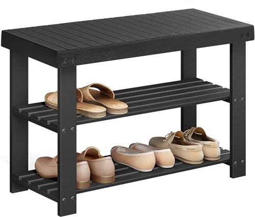 SONGMICS Shoe Rack Bench, 3-Tier Bamboo Shoe Storage Organizer, Entryway Bench, Holds Up to 286 lb, 11.3 x 27.6 x 17.8 Inches, for Entryway Bathroom Bedroom, Ink Black ULBS04H