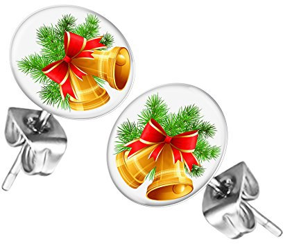 Mianova Ohrringe Stecker Rund Klein Ohrstecker Runde Platte Silber mit Winter Weihnachts Motiv Weihnachtsglocken und Tannenzweig
