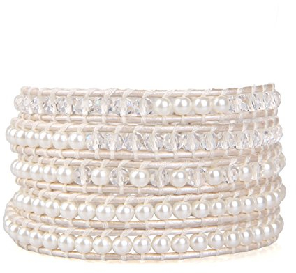 KELITCH Charm 5 Wickelarmbänder Perlenkristall Perlen Armbänder Leder Handkette Armreif Schmuck (Weiß)
