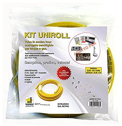Kit Tuyau gaz tuyau 4 mt. 1/5,1 cm en 15266 normative en acier inoxydable avec 4 raccords femelle à uniroll Jaune recouvert de montage pour gaz, Coupe avec tuyau