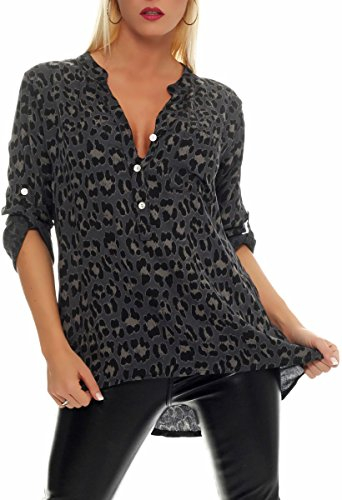 Malito – Unisize Damen Bluse mit Leopardenmuster & ¾ Ärmeln – Animal Print Tunika mit Leo Muster – Elegante Oversize Schlupfbluse 6702 (Dunkelgrau)