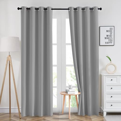 Imperial Rooms Blackout Ring Top Curtains for Bedroom 46x54 Thermal Insulated Super Soft Light Grey Room Darkening Eyelet Curtain - 2 Panel with Tie Backs