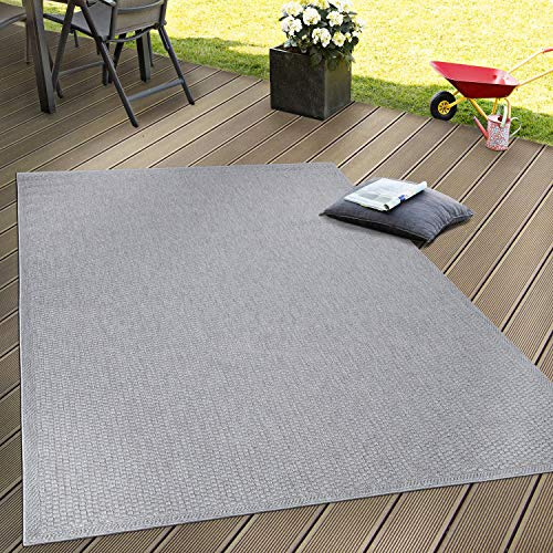 Paco Home In- & Outdoor Teppich wetterfest für Garten, Terrasse & Balkon flachgewebt in Moderner Sisaloptik einfarbig pflegeleicht & UV-beständig Grau, Grösse:80x200 cm