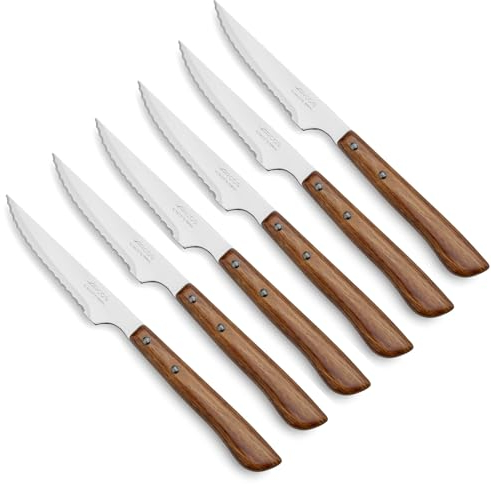 Arcos Cuchillos Carne | 6 pzas | Cuchillos chuleteros Set Cuchillo de Mesa Sierra | Mango Madera | Hoja 110 mm | Cuchillos Carne Mesa | Apto lavavajillas | Envase Carton | Ecologico