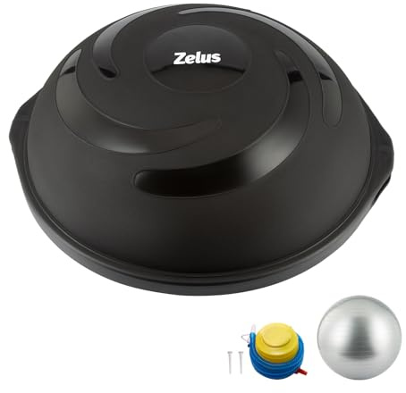 ZELUS 64cm Balance Ball | 680kg Inflatable Half Exercise Ball Wobble Board Balance Trainer w Nonslip Base | Half Yoga Ball Strength Training Equipment w 2 Bands, Pump, Extra Ball Included