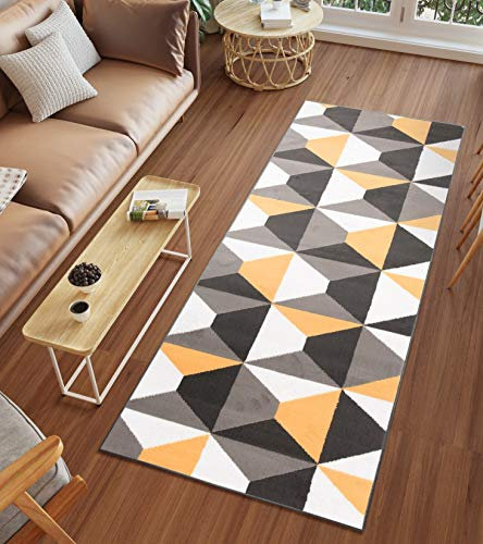 TAPISO Luxury Läufer Teppich Meterware Flur Kurzflor Brücke Orange Weiß Grau Dunkelgrau Gelb Modern Geometrisch Wohnzimmer ÖKOTEX 70 x 200 cm