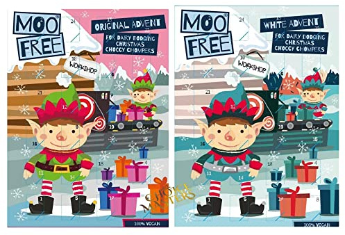 Moo Free Alternative zu Milch Glutenfrei und Vegan Ultimate Christmas Advent Schokolade Geschenk Milch Schokolade Advent und Weiße Schokolade Advent