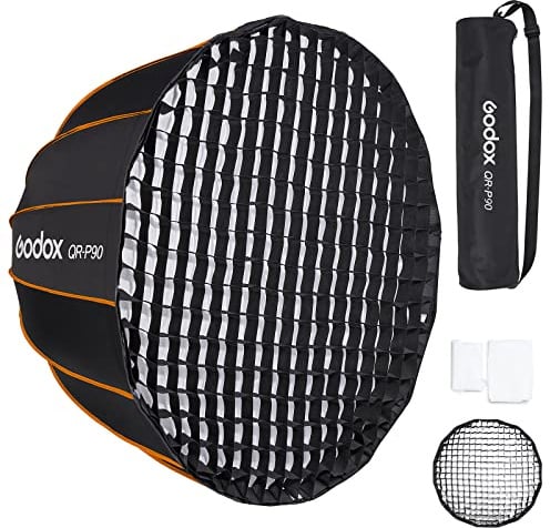 Godox QR-P90 Deep Parabolic Softbox 35in 90cm with Grid Bowens Mount Carrying Bag Quick Set Up Professional Softbox for Photography Studio Portrait Video Shooting (35in / 90cm)