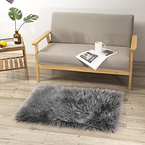 Teppich Wölkchen Schaffell Lammfell Imitat Fellteppich Kunstfell Teppich Waschbar - Flauschiger Teppich Wohnzimmer, Bettvorleger Schlafzimmer, Teppich Fell - Dunkelgrau - 60x90 cm