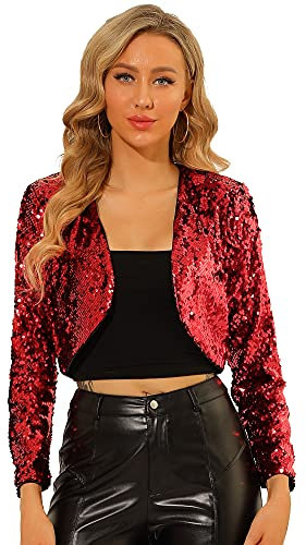 Allegra K Damen Glitzer Blazer Festliche Langarm Offen Pailletten Crop Jacke Rot M