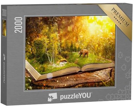 puzzleYOU: Puzzle 2000 Teile „Fantasy-Illustration: Aufgeschlagenes Buch mit wildem Wald und Bär“ – aus der Puzzle-Kollektion Fantasy, Kunst & Fantasy