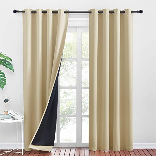 PONY DANCE Wohnzimmer Gardinen Blickdicht 2er Set 100% Verdunkelungsgardine mit Ösen Doppellagige und Dicke Vorhänge gegen Hitze Thermovorhang, Biscotti Beige, H 220 x B 140 cm