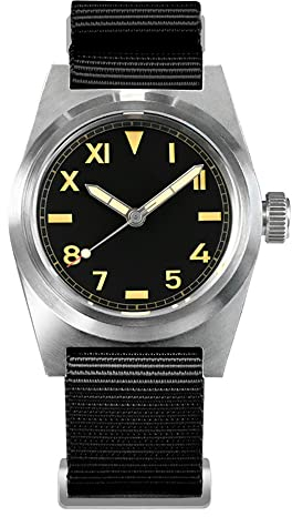 NC San Martin SN031G2 NH35 Vintage Military Enthusiasten Pilot Herrenuhren Saphirglas EIN Nylonband automatische mechanische Edelstahl Herrenuhr (Black)