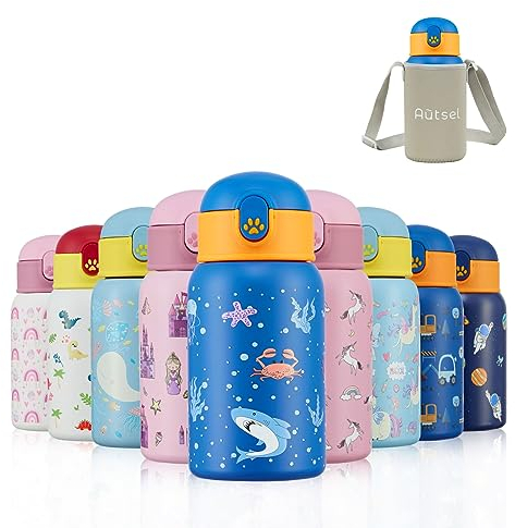 Autsel 400ml Gourde Isotherme Enfant avec Paille Bouteille Isotherme Étanche avec Sac Transport Requin Gourde Bouteille d'eau en Acier Inoxydable sans BPA pour École Sport Maternelle