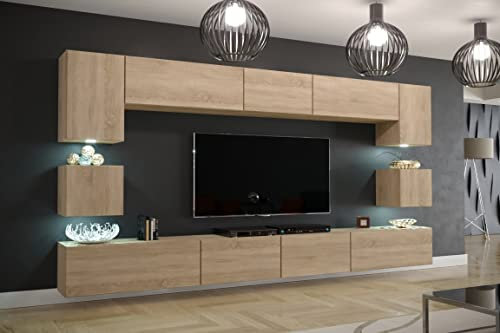 Furnitech Wohnwand Wohnzimmer | Hängend Wohnwand Modern | Wohnzimmer Schrankwand mit Regale und TV Schrank | Wohnzimmer Möbel ohne LED (Nawara Sonoma Eiche)