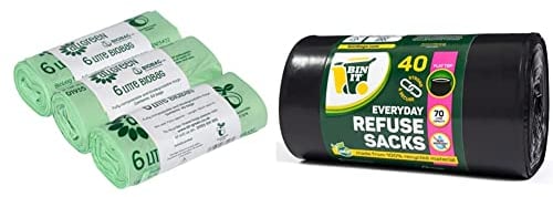 All-Green Compostable Bag, 6L (Pack of 3) & BIN IT 40 Everyday 70L Strong & Secure, Refuse Sacks, Bin Liners, Flat Top, Recycled, Tear Resistant, 30 μm, Perfect for Everyday Use, Black, 05852