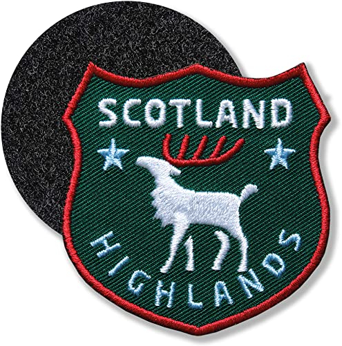 Schottland Hirsch grün/Klett-Patch gestickt 60 x 61 mm/Klett Patch Patches Abzeichen Aufnäher Applikation zum aufkleben aufnähen auf Kleidung Rucksack Tasche/COH
