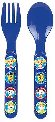 FUN HOUSE PAT'PATROUILLE ENSEMBLE DE COUVERTS REUTILISABLES COMPRENANT UNE FOURCHETTE ET UNE CUILLERE POUR ENFANT H.13,5 X L.3 CM - Vaisselle réutilisable