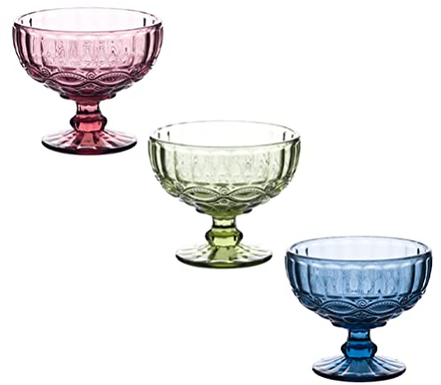 UPKOCH Coupes à Glace en Verre de 12 Onces (350 ML) - Bols à Dessert en Verre à Motif Pressé Vintage - Verre à Cocktail Bagatelle/Fruit/Salade Lot de 3 (Bleu + Vert + Violet)