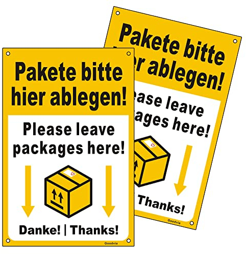 Goodvia Paket Bitte Hier Ablegen Schild 20 x 30 cm Kunststoff Schild mit Selbstklebend Leave packages here Aufkleber mit UV Schutz für Außenbereich Innenbereich