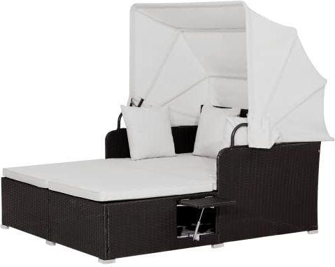 RELAX4LIFE Patio Rattan Daybed, Wicker Sun Bed Lounger Couch with Retractable Canopy, 2 Folding Side Trays & Soft Cushions, Outdoor Double Sofa Bed Garden Furniture Set for Porch Poolside (White)