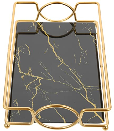 CIYODO Marble Cosmetic Storage Tray 10.6X6.3X2.2 Inch Vanity Organizer with Smooth Surface and Shiny Edge for Makeup Jewelry Perfume Bedroom Bathroom