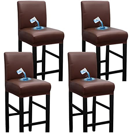 Bestenrose Wasserdicht Stuhlhussen 4er Set BarStuhlhussen PU Leder Stuhlbezug Barhocker Bezüge Stretch Hochhocker stuhlbezüge Stuhlbezug für Esszimmerstuh (Braun, 4 Stück)