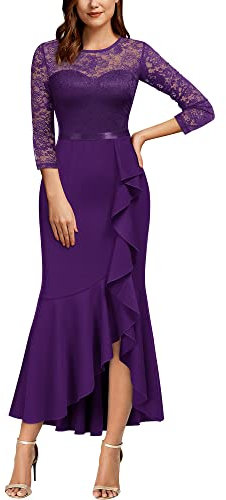 MISSMAY Women's Vintage Lace 2/3 Sleeves Evening Party Wedding Guest Formal Long Dress (Medium, Purple)