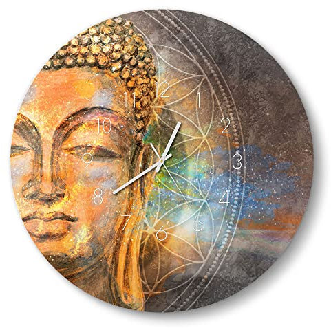 DEQORI Glasuhr | rund Ø 50 cm | Motiv Meditierender Buddha | große XXL Design Uhr aus Glas | leise Wanduhr für Wohnzimmer & Küche | Moderne Hingucker Uhr für die Wand