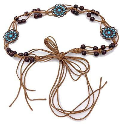 Inzegao Cintura in corda cerata intrecciata a mano da donna con perline di legno stile bohémien nappa annodata sottile cintura catena, Fiore blu., taglia unica