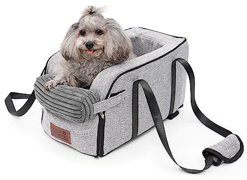 Hunde autositz,Mittelkonsole für Hunde Katzen,kleine Stabiler hundeautositz mit Gurt,Abnehmbarer Waschbar hundesitz für Katzen mittlere Hunde bis 6 kg (Moiré)