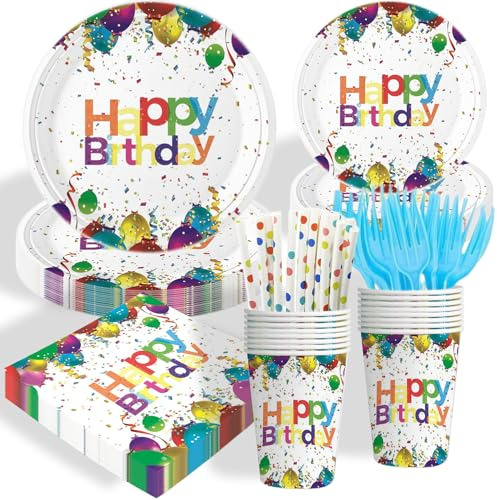 IVEOPPE Partygeschirr Kindergeburtstag - 144 Stück Farbenfroh Pappteller Geburtstag Party Teller Set, mit Pappbecher Servietten Gabeln Papierstrohhalme, für Gebutstag Party Mädchen Junge(24 Gäste)