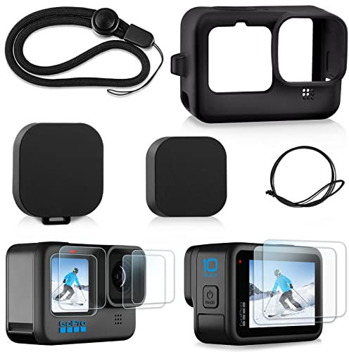 REDTRON Custodia in silicone e Protettore di vetro temperato per GoPro Hero 12 11 10 9, Custodia Protettiva in Silicone e 6 protezioni per lo schermo in vetro temperato e 2 copriobiettivo, Pack 2