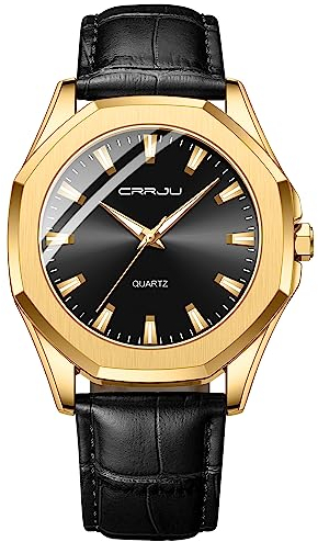 CRRJU Herren Uhren Wasserdicht Armbanduhr Herren Schwarz Lederband Analog Quarz Luxus Business Männer Uhr (Schwarz Gold)