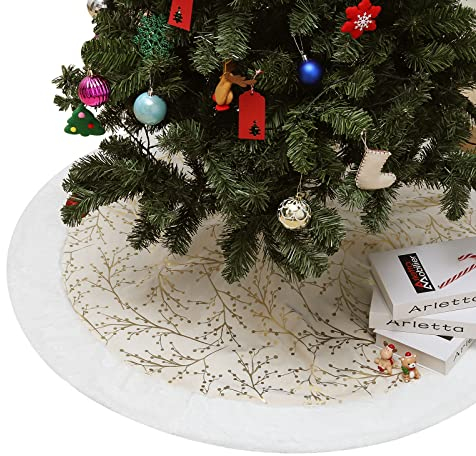 Lewondr Weihnachtsbaum Rock mit Bronziermuster, 35 Zoll Rund Weihnachtsbaumdecke Christbaumständer Teppich aus Weicher Samt für Zuhause Weihnachtsfeier Weihnachtsbaum - Beige & Weiß
