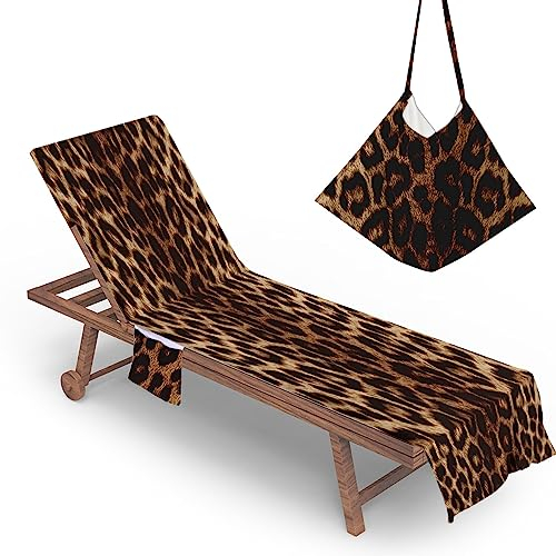 Chickwin Schonbezug für Gartenliege Frottee Liegenauflage mit Kapuze | Strandliegenauflage mit 2 Taschen Stuhl Strandtuch für Gartenliege Liegenauflage,Sonnenliegen (75x210cm,LeopardD)