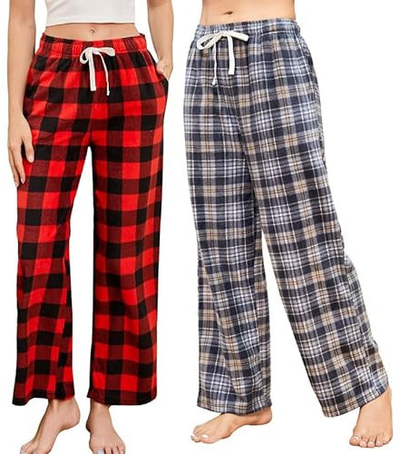 U2SKIIN Pyjamahose Damen lang kariert Schlafhose Schlafanzughosen für Damen Fleece Pyjama Hosen Nachtwäsche Freizeithose mit Taschen (Büffel Karo Rot+Grau Gelb Kariert, M)