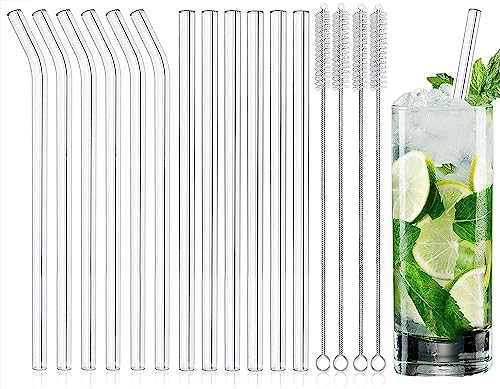 Glasstrohhalme Wiederverwendbar 16 Stück - 6 Gebogene Strohhalme Glas und 6 Gerade Glas Strohhalme 21,5 cm mit 4 Reinigungsbürsten, Geeignet für Bubble Tea,Säfte, Slush, Cocktail