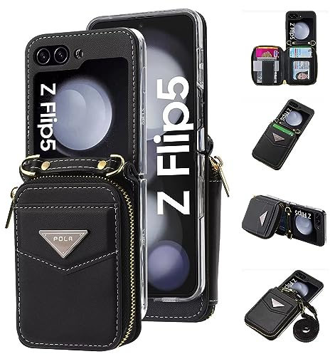 Jeelar ESONG LederHülle für Samsung Galaxy Z Flip 5 Tasche,Reißverschluss Brieftasche Schutzhülle mit Band/Kartenfäche/ständer,Z Flip 5 Wallet Cover Case Stoßfeste Handyhülle für Frau/Damen-Schwarz