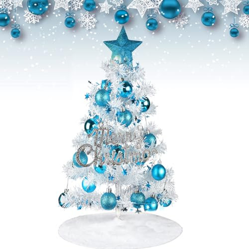 60CM Mini Christmas Tree,Artificial Christmas Tree with Hanging Ornaments,Christmas Tree Skirt,Christmas Ball Desktop Xmas Tree for Home, Kitchen, Dining Table DIY Christmas Decorations