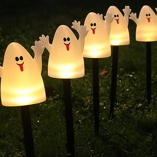 5Pcs Halloween Deko Licht Outdoor, LED Geister Halloween LED Lichter Solar Gartenleuchte Halloween Dekoration Leuchtend Lichterkette Gartenbeleuchtung Wasserdicht Solarlampen für Außen Garten