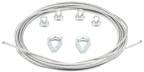 ALFA LOGISTIK Drahtseil 4mm Durchmesser 10m Länge - Stahlseil Set mit 4x Drahtseilklemmen und 2x Kauschen - Rankhilfe Drahtseil Set
