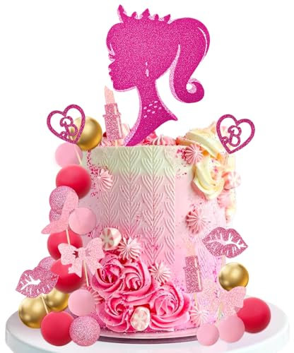MEMOVAN Hot Pink Girl Cake Topper 31PCS -Princess Makeup Cake Topper Decoration with Pink Gold Ball Glitter High Heel Lipstick Lips Bow Tie for Bachelorette Boho Girl Hot Pink Princess Theme Party