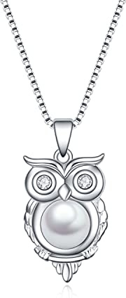 KZX Eule Halskette Sterling Silber Perle Eule Anhänger Eule Schmuck Geschenk für Frauen (Kette 18+2 Zoll)