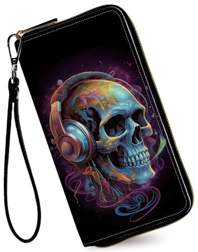 RAUEDWDJS Damen-Geldbörse, Kreditkartenhalter, Geld, Leder, Lange Geldbörse mit Handgelenk, großes Fassungsvermögen, mit umlaufendem Reißverschluss, für Damen, Mädchen, Totenkopf mit Kopfhörern
