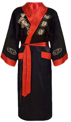 Bon amixyl Peignoir kimono réversible en soie de style chinois léger avec ceinture pour homme, Noir/Rouge, Large-X-Large