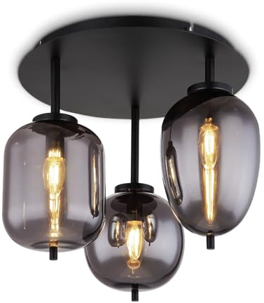 bmf-versand® Deckenlampe Wohnzimmer rauchglas - Moderne Deckenleuchte für Küche Esszimmer Schlafzimmer Flur - Schwarze Deckenstrahler 3-Flammig für Badezimmer Länge 46 cm E14